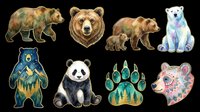 Collection of eight decorative bear illustrations featuring brown bears, polar bear, panda, and stylized bear designs with ornamental patterns, isolated on transparent background, ready for t-shirt design, clipart, stickers, and print-on-demand projects.