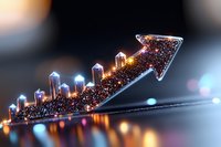 Glowing crystal arrow with illuminated buildings rising upward against dark background, representing business growth and urban development success.
