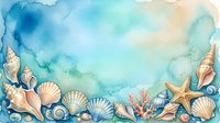 Watercolor ocean frame with seashells, starfish and coral creating decorative border on turquoise blue background for summer vacation designs.