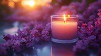Glowing candle in glass holder surrounded by purple spring blossoms at sunset, creating romantic atmosphere for meditation, spa, or wellness background.