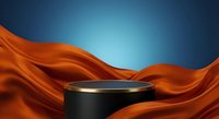 Black cylindrical podium platform surrounded by flowing orange silk fabric waves against blue gradient background for product display and presentation.