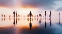 Silhouettes of people standing on reflective water surface against dramatic sunset sky, creating mirror effect and spiritual atmosphere.