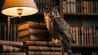 Majestic owl perched on vintage books in classic library setting with warm lamp light and wooden bookshelves creating scholarly atmosphere for education themes.