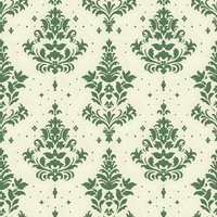Elegant green damask pattern on cream background creates seamless Victorian wallpaper design. Ornate floral motifs repeat in classic symmetrical arrangement.