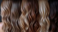Trendy wavy hair in different shades of blonde, brown and balayage colors on dark background. Modern hairstyling and coloring techniques showcase natural flow.