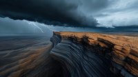 Dramatic lightning strike illuminates layered rock formations against stormy sky, contrasting golden sandstone cliffs with dark threatening clouds over desert landscape.