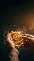 Hands holding glowing golden performance certificate badge with magical light effects and sparkles on dark gradient background for achievement concepts.