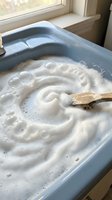 Creamy white soap foam swirls in blue basin by window with wooden brush for natural skincare and relaxation rituals at home spa bathroom setting.