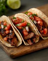 Mexican street tacos with grilled meat, fresh pico de gallo salsa, chopped onions, and cilantro served on corn tortillas on wooden cutting board. Fresh lime garnish.