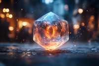 Glowing geometric crystal with fiery orange core and icy blue edges, surrounded by bokeh lights and particles, isolated on dark background for design use.