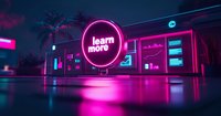 Futuristic neon cityscape with glowing pink learn more sign and digital displays reflecting on wet surface, cyberpunk style night scene with palm trees and modern architecture.