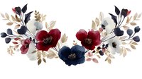 Watercolor floral arrangement with burgundy and navy blue flowers, white blossoms, and golden leaves on white background, ready for design projects.
