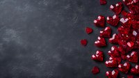 Red crystal hearts scattered on dark textured background, romantic Valentine's day composition with copy space for text, love concept design element.