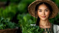 Young Asian woman farmer wearing straw hat holding fresh green herbs in garden setting for organic agriculture and sustainable farming concepts.