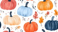 Colorful autumn pumpkins and oak leaves pattern in pastel orange, coral, blue and navy colors on white background. Seamless repeat design for fall season decor.
