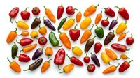 Colorful assortment of fresh hot chili peppers in various shapes and sizes isolated on white background. Spicy vegetables for cooking and seasoning.
