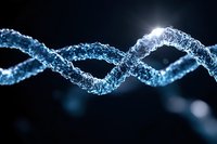 Glowing blue DNA helix structure with detailed molecular chains floating in dark space, illuminated by bright light effect creating dramatic scientific visualization.