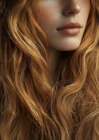 Close-up portrait of young woman with flowing honey blonde wavy hair, natural makeup and soft glowing skin against dark background, beauty concept.