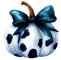 White spotted pumpkin with elegant navy blue bow and brown stem on isolated background, watercolor style artwork for seasonal fall and Halloween decor.