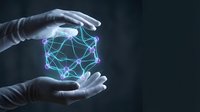 Robotic hands holding glowing digital network sphere with interconnected nodes and lines, representing artificial intelligence, data connectivity, and technology innovation.