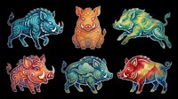 Colorful ornamental wild boar set of six, isolated on transparent background, ready for stickers, t-shirt design, print on demand, sublimation, and clipart use.
