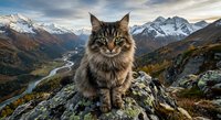 Majestic tabby cat sitting on rocky mountain peak with snow-capped alpine landscape and winding river valley in background during golden hour sunset.
