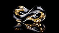 Luxurious infinity symbol in black and gold metallic finish with reflective surface on dark background, representing endless possibilities and premium design concept.