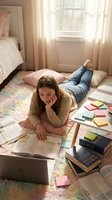 Young woman with long brown hair, wearing a tan cardigan and blue jeans, studying on bedroom floor surrounded by open books, notebooks, and sticky notes near laptop. Bright natural light from window.