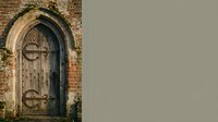 Ancient wooden church door with ornate stone archway against weathered brick wall creating rustic medieval architectural entrance for historical design projects.