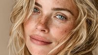 Young blonde woman with freckles and blue eyes looking at camera with natural makeup and wavy hair in soft lighting for beauty and skincare concepts.