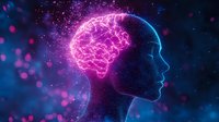 Glowing neon silhouette of human head with illuminated brain against dark cosmic background with particles, representing artificial intelligence and consciousness.