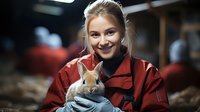Young Caucasian female farmer in red workwear holding adorable brown rabbit while working at animal farm. Agricultural worker caring for domestic bunny in wooden barn.
