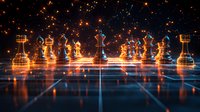 Glowing chess pieces on reflective grid surface with orange light trails and sparkles against dark background, creating dramatic gaming atmosphere.