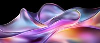 Flowing abstract waves in purple, pink and blue colors create dynamic motion effect against black background, modern artistic design for wide format display.