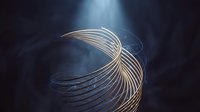 Abstract golden spiral lines flowing in elegant curves against dark blue background with dramatic lighting effects creating modern digital art composition.