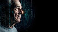 Senior Caucasian man profile with digital matrix code background representing cybersecurity, artificial intelligence and modern technology concepts.