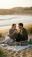 Young couple enjoying a romantic beach picnic at sunset with vintage radio, holding hands while sitting on sand near ocean waves and coastal dunes during golden hour.