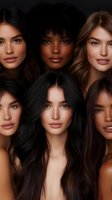 Diverse group of women with different skin tones and hair types showcasing natural beauty and inclusivity in cosmetics and fashion advertising.
