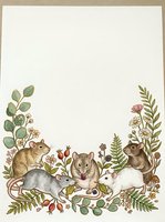 Cute woodland animals border frame with mice, hamsters and botanical elements on textured paper background for greeting cards and stationery.