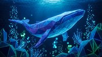 Majestic blue whale swimming in deep ocean waters with geometric low poly art style and glowing underwater plants creating mystical marine atmosphere.