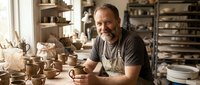 Mature bearded craftsman working with clay pottery in traditional ceramic workshop studio surrounded by handmade vessels and tools for artisan creation.