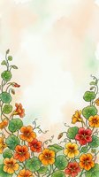 Watercolor nasturtium flowers border with orange, red and yellow blooms and green leaves on soft pastel background with copy space.