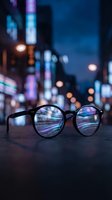 Black eyeglasses on urban street at night with colorful neon lights reflecting in lenses creating bokeh effect for vision and city life concepts.