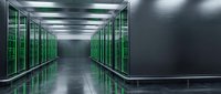 Modern data center corridor with rows of server racks enclosed in glass cabinets, illuminated by bright overhead lights, reflecting on polished floor for technology and infrastructure use.