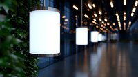 Modern corridor with illuminated cylindrical white lamps mounted on wall, creating perspective view with bokeh lights on ceiling. Dark interior design atmosphere.