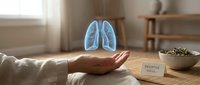 Holographic lungs floating above open palm in cozy home setting, representing respiratory health awareness and medical technology concepts for wellness education.