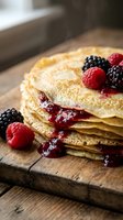 Stack of golden crepes with berry jam and fresh raspberries blackberries on rustic wooden cutting board for breakfast brunch dessert menu.