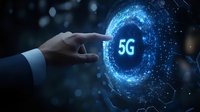 Businessman hand touching glowing blue 5G network sphere with digital particles and connection points on dark background, representing wireless technology.