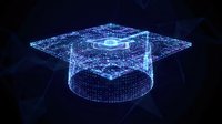 Digital graduation cap hologram with glowing blue wireframe mesh on dark background representing online education technology and academic achievement.