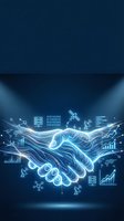 Digital handshake with glowing data analytics icons and charts representing business partnership, technology collaboration and corporate agreement.